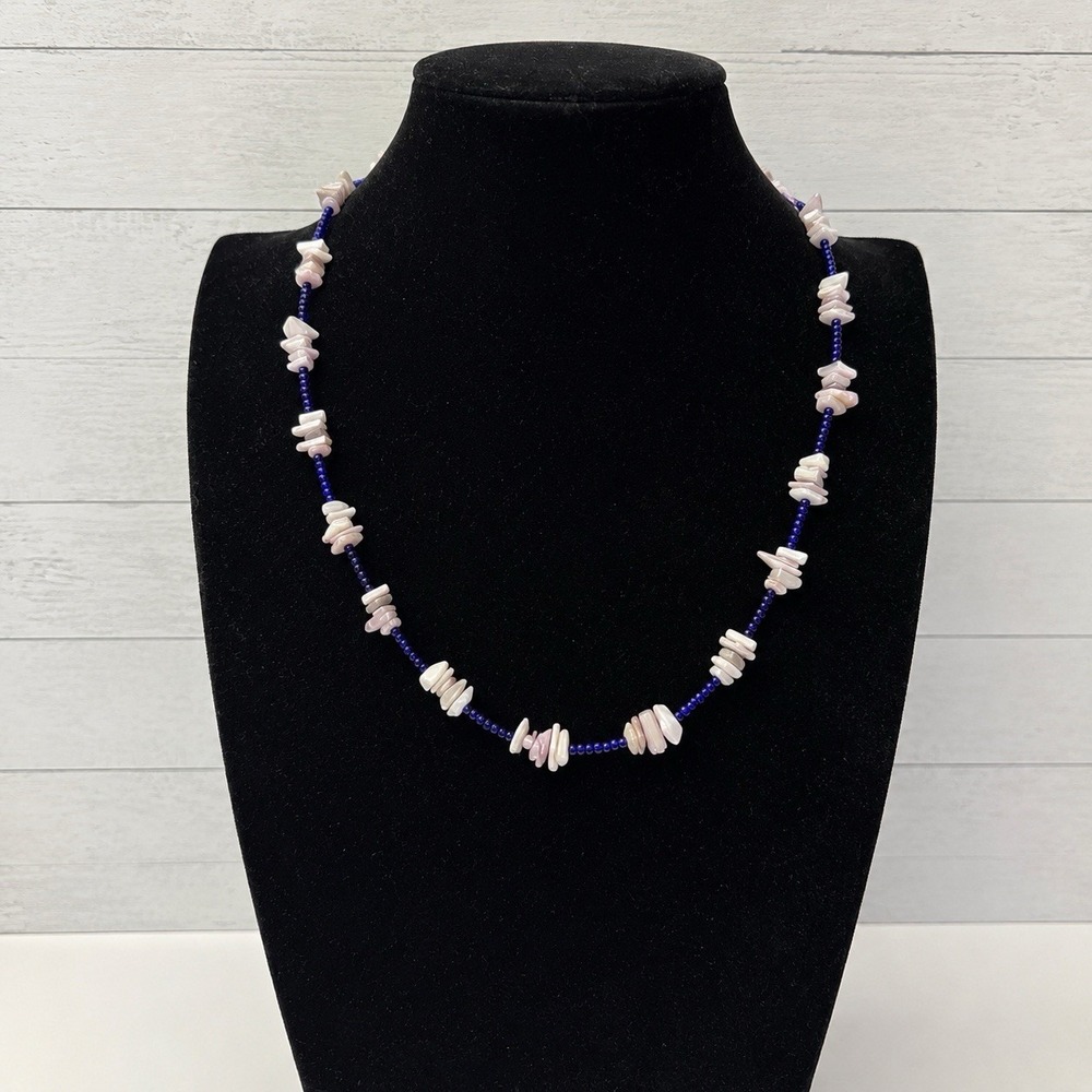 Vintage Mother of Pearl Chip Necklace Blue Seed Beads 18K GP Clasp